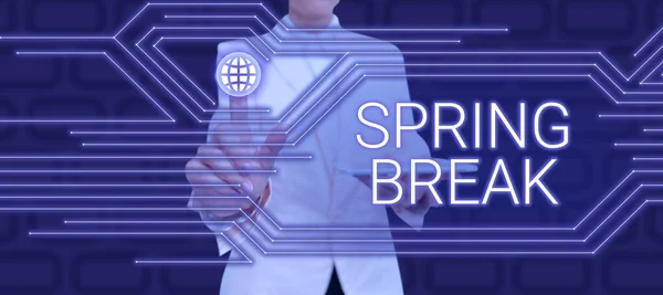 Conceptual display Spring Break, Internet Concept Vacation period at school and universities during spring Lady in suit holding pen symbolizing successful teamwork accomplishments.