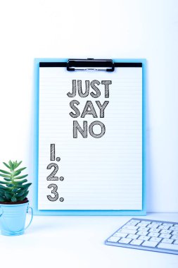 Writing displaying text Just Say No, Business idea Do not be afraid of giving negative answers to some things Important Message Presented On Clipboard On Desk With Flower And Keyboard.