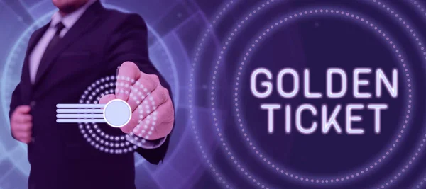 Conceptual display Golden Ticket, Word for Rain Check Access VIP Passport Box Office Seat Event Businessman Wearing Suit Presenting Digitally Generated Bar Graph.