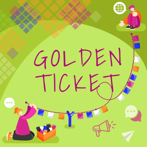 Conceptual display Golden Ticket, Business overview Rain Check Access VIP Passport Box Office Seat Event Sitting Woman Talking And Putting Important Notes On String.