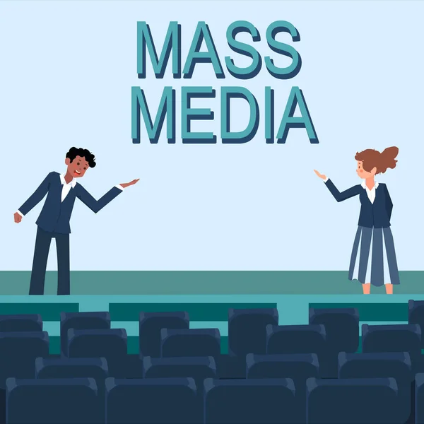 Conceptual caption Mass Media, Business idea Group showing making news to the public of what is happening Male and female colleagues doing presentation on stage with hand gestures.