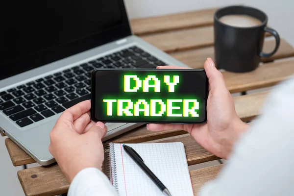 Writing displaying text Day Trader, Business approach A person that buy and sell financial instrument within the day Sitting Businesswoman Holding Cellphone With Important Message.