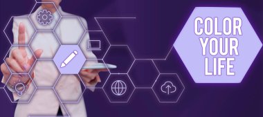 Text sign showing Color Your Life, Internet Concept Make your days colorful be cheerful motivated inspired Lady in suit holding pen symbolizing successful teamwork accomplishments.