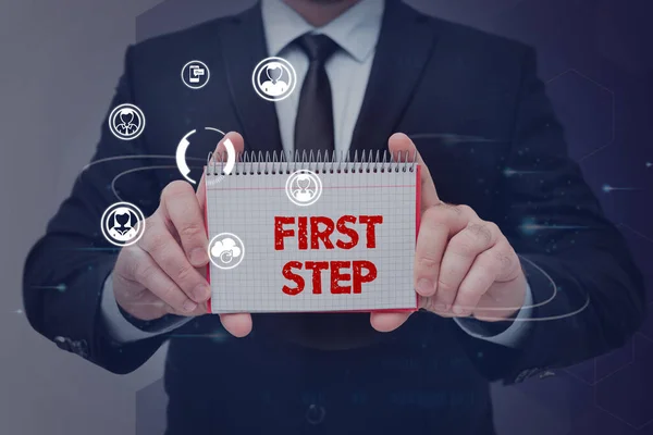 Hand Writing Sign First Step Word Pertaining Start Certain Process — Stock Fotó