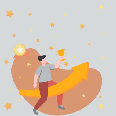 Man Drawing Holding Gold Cup Sitting On Arrow Showing Business Growth