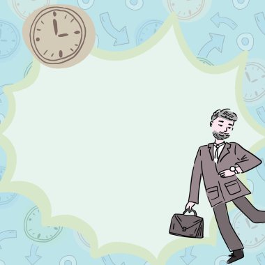 Professor With Briefcase Using Watches To Check Time With Big Clock.