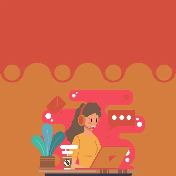 Lady Call Center Illustratie Met Koptelefoon Speech Bubble Conversation — Stockvector