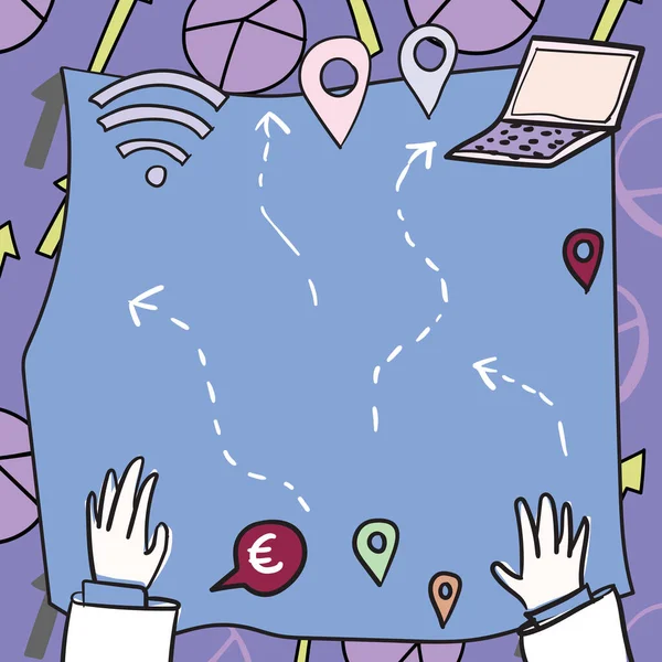 Hands Blueprint Routes Ways Navigation Marks Internet — Stockový vektor