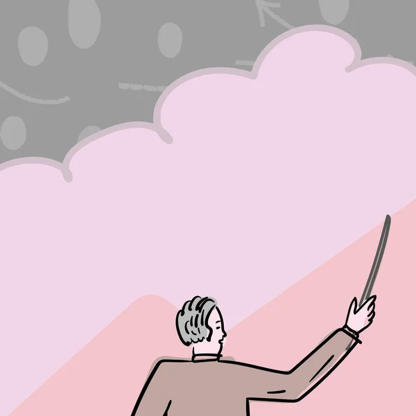 School Instructor Drawing Pointing Stick Empty Cloud Background — Stockvector