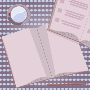 Flat View Of Table With Open Notebooks, Pencil And Cup Of Coffee