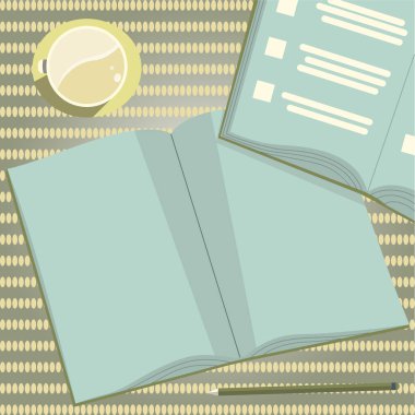 Flat View Of Table With Open Notebooks, Pencil And Cup Of Coffee
