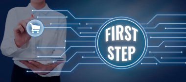 Writing displaying text First Step, Word Written on Pertaining to the start of a certain process or beginning Businessman in suit holding notepad symbolizing successful teamwork.