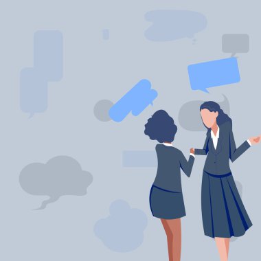 Two Colleagues Standing Sharing Thoughts Together With Speech Bubbles.