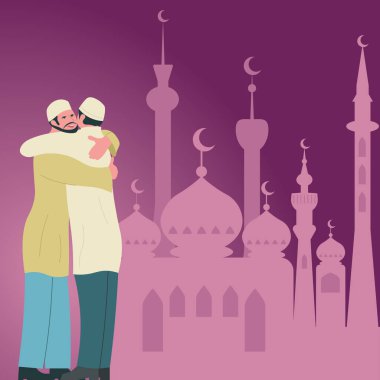 Men In Traditional Clothes Hugging In Front Of Mosque Celebrating Ramadan.