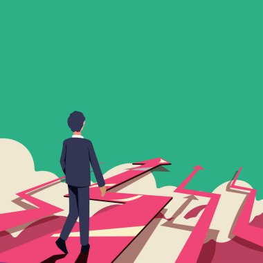 Businessman In Suit Going On Arrows In Clouds And Presenting New Ideas.