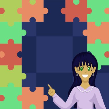 Businesswoman Presenting Important Messages With Puzzle In Background.