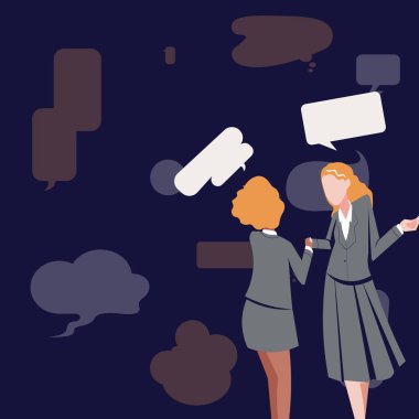 Two Colleagues Standing Sharing Thoughts Together With Speech Bubbles.