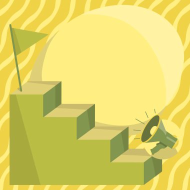 Megaphone Climbing Up Stair Case Reaching Destination Flag On Top