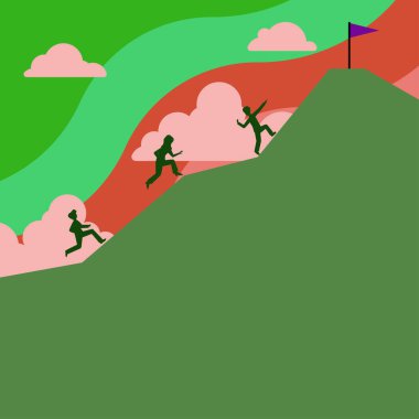 Group Of People Climbing On Mountain To Reach Goal With Flag On Top.