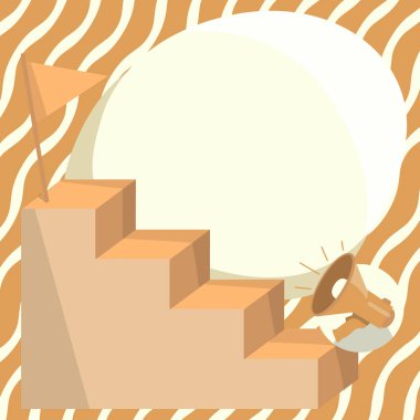 Megaphone Climbing Up Stair Case Reaching Destination Flag On Top