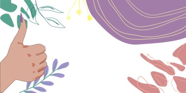 Lady Hands Thumbs Up. Arms On Leaves Background With Space For Text