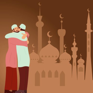 Men In Traditional Clothes Hugging In Front Of Mosque Celebrating Ramadan.