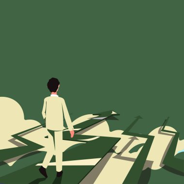 Businessman In Suit Going On Arrows In Clouds And Presenting New Ideas.