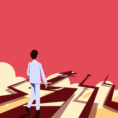 Businessman In Suit Going On Arrows In Clouds And Presenting New Ideas.