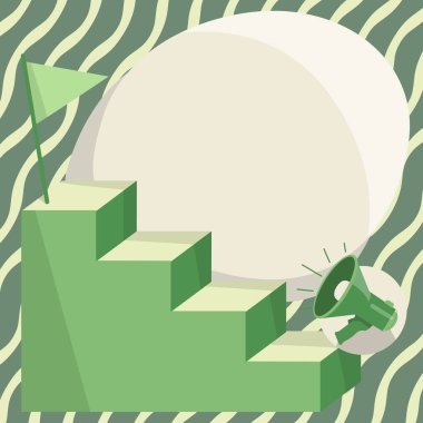 Megaphone Climbing Up Stair Case Reaching Destination Flag On Top