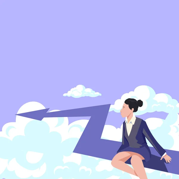 Lady Sitting Arrow Representing Financial Success Cloudy Sky — Stockvector