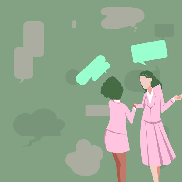 Two Colleagues Standing Sharing Thoughts Together Speech Bubbles — Wektor stockowy