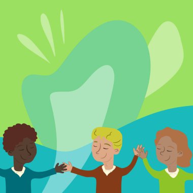 Three Standing People Drawing Holding Hands Showing Team Support.