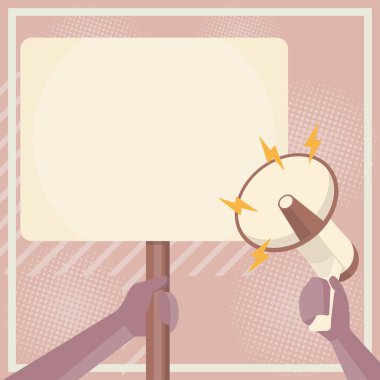 Illustration Of Hand Holding Megaphone Pointing At Blank Plaque In Hand