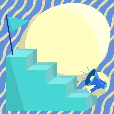 Megaphone Climbing Up Stair Case Reaching Destination Flag On Top