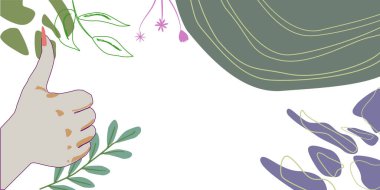 Lady Hands Thumbs Up. Arms On Leaves Background With Space For Text