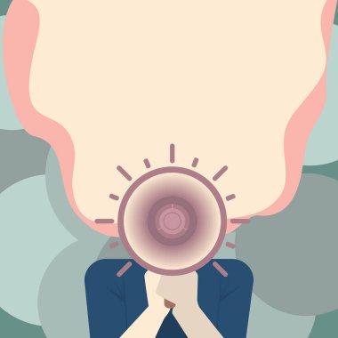 Megafonla Konuşan Kadın Konuşma Baloncuğuyla Duyuru Yapıyor.