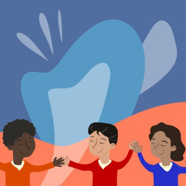 Three Standing People Drawing Holding Hands Showing Team Support.