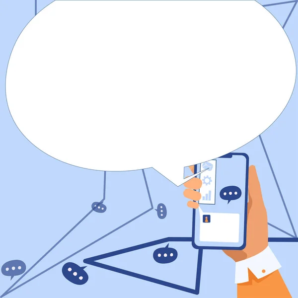 Businessman Holding Mobile Phone Speech Bubble Popping Out Ideas — Vetor de Stock