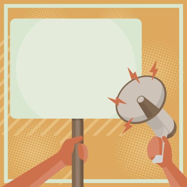 Illustration Of Hand Holding Megaphone Pointing At Blank Plaque In Hand