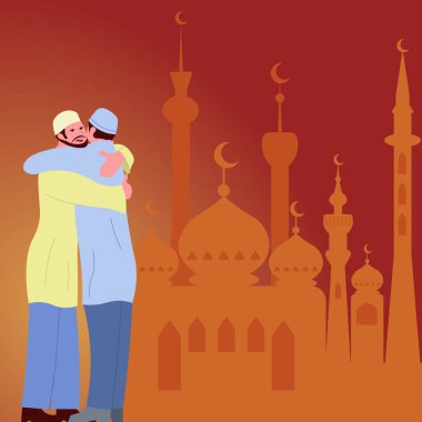 Men In Traditional Clothes Hugging In Front Of Mosque Celebrating Ramadan.