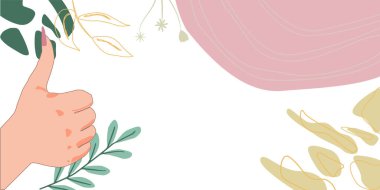 Lady Hands Thumbs Up. Arms On Leaves Background With Space For Text