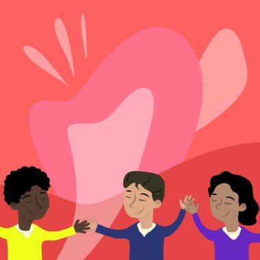 Three Standing People Drawing Holding Hands Showing Team Support.