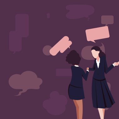 Two Colleagues Standing Sharing Thoughts Together With Speech Bubbles.