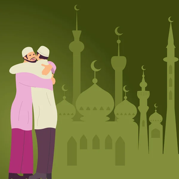 Men Traditional Clothes Hugging Front Mosque Celebrating Ramadan — Stockvector