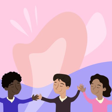 Three Standing People Drawing Holding Hands Showing Team Support.