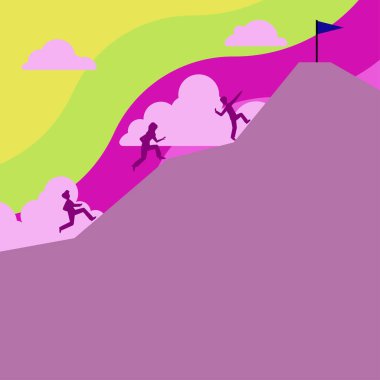 Group Of People Climbing On Mountain To Reach Goal With Flag On Top.