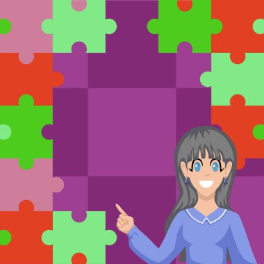 Businesswoman Presenting Important Messages With Puzzle In Background.