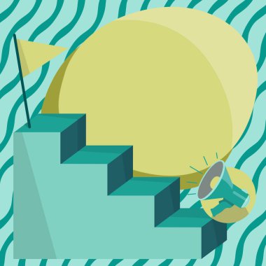 Megaphone Climbing Up Stair Case Reaching Destination Flag On Top