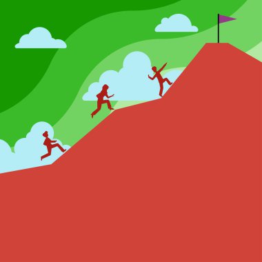Group Of People Climbing On Mountain To Reach Goal With Flag On Top.