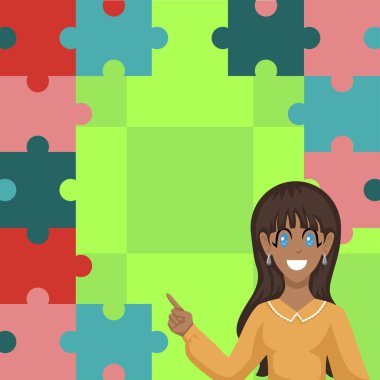 Businesswoman Presenting Important Messages With Puzzle In Background.